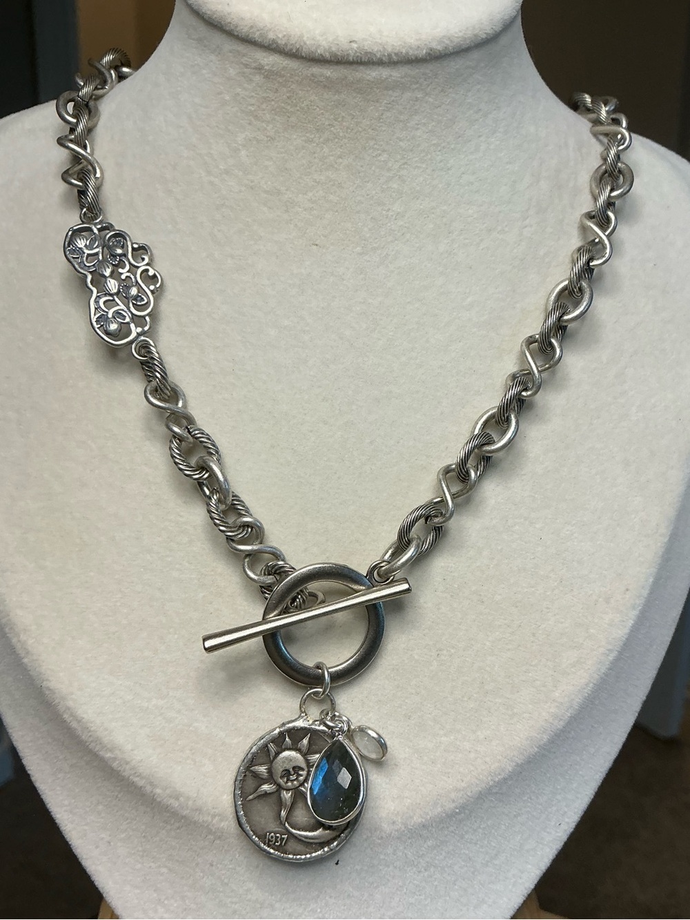 🌙 Antique Silver Celestial Necklace with Vintage Sun & Moon Coin + Labradorite